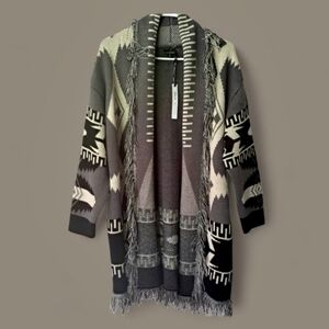 Coco + Carmen Womens Fringed Aztec Cardigan Black Cream Gray S/M